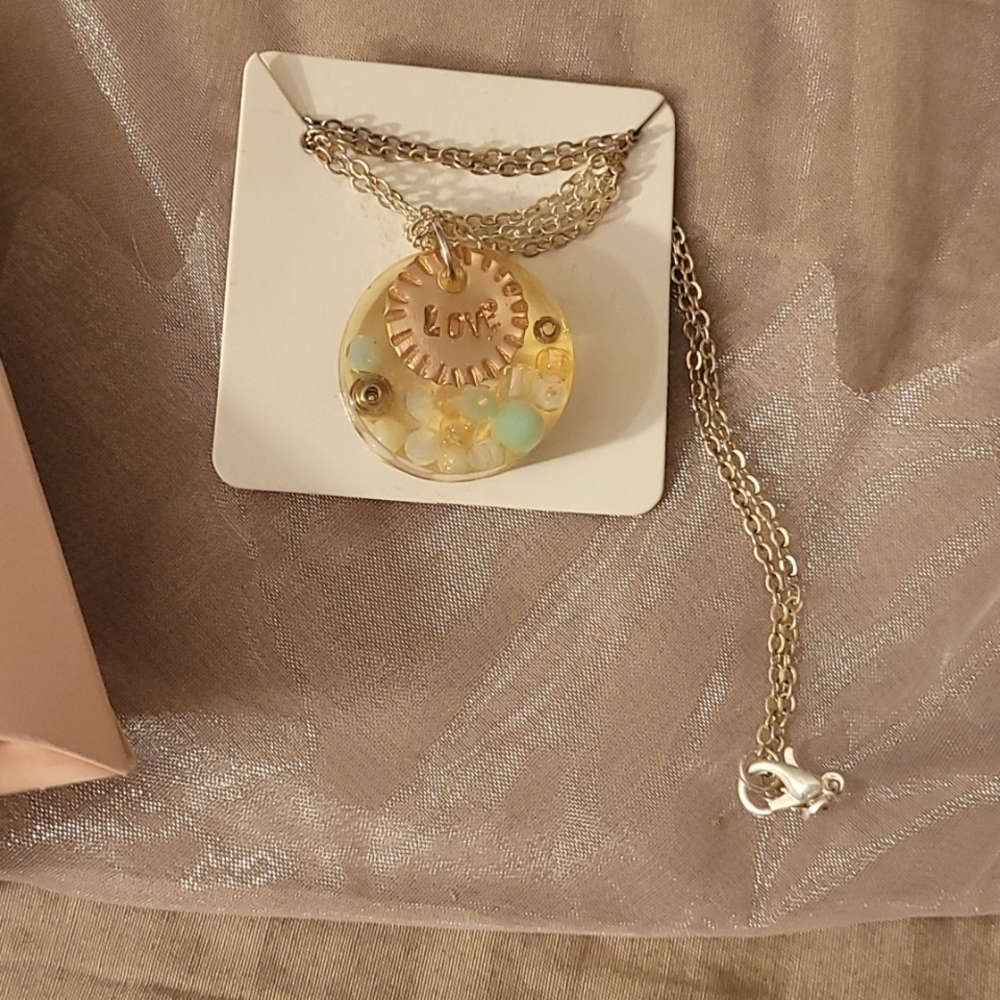 New handmade resin circle pendant  necklace "love" unique beads